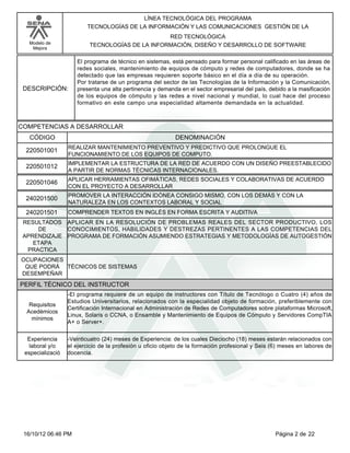 Modelo de
Mejora
LÍNEA TECNOLÓGICA DEL PROGRAMA
TECNOLOGÍAS DE LA INFORMACIÓN Y LAS COMUNICACIONES GESTIÓN DE LA
RED TECNOLÓGICA
TECNOLOGÍAS DE LA INFORMACIÓN, DISEÑO Y DESARROLLO DE SOFTWARE
DESCRIPCIÓN:
El programa de técnico en sistemas, está pensado para formar personal calificado en las áreas de
redes sociales, mantenimiento de equipos de cómputo y redes de computadores, donde se ha
detectado que las empresas requieren soporte básico en el día a día de su operación.
Por tratarse de un programa del sector de las Tecnologías de la Información y la Comunicación,
presenta una alta pertinencia y demanda en el sector empresarial del país, debido a la masificación
de los equipos de cómputo y las redes a nivel nacional y mundial, lo cual hace del proceso
formativo en este campo una especialidad altamente demandada en la actualidad.
COMPETENCIAS A DESARROLLAR
CÓDIGO DENOMINACIÓN
REALIZAR MANTENIMIENTO PREVENTIVO Y PREDICTIVO QUE PROLONGUE EL
FUNCIONAMIENTO DE LOS EQUIPOS DE COMPUTO.
220501001
IMPLEMENTAR LA ESTRUCTURA DE LA RED DE ACUERDO CON UN DISEÑO PREESTABLECIDO
A PARTIR DE NORMAS TÉCNICAS INTERNACIONALES.
220501012
APLICAR HERRAMIENTAS OFIMÁTICAS, REDES SOCIALES Y COLABORATIVAS DE ACUERDO
CON EL PROYECTO A DESARROLLAR
220501046
PROMOVER LA INTERACCIÓN IDÓNEA CONSIGO MISMO, CON LOS DEMÁS Y CON LA
NATURALEZA EN LOS CONTEXTOS LABORAL Y SOCIAL
240201500
COMPRENDER TEXTOS EN INGLÉS EN FORMA ESCRITA Y AUDITIVA240201501
APLICAR EN LA RESOLUCIÓN DE PROBLEMAS REALES DEL SECTOR PRODUCTIVO, LOS
CONOCIMIENTOS, HABILIDADES Y DESTREZAS PERTINENTES A LAS COMPETENCIAS DEL
PROGRAMA DE FORMACIÓN ASUMIENDO ESTRATEGIAS Y METODOLOGÍAS DE AUTOGESTIÓN
RESULTADOS
DE
APRENDIZAJE
ETAPA
PRACTICA
TÉCNICOS DE SISTEMAS
OCUPACIONES
QUE PODRÁ
DESEMPEÑAR
PERFIL TÉCNICO DEL INSTRUCTOR
-El programa requiere de un equipo de instructores con Título de Tecnólogo o Cuatro (4) años de
Estudios Universitarios, relacionados con la especialidad objeto de formación, preferiblemente con
Certificación Internacional en Administración de Redes de Computadores sobre plataformas Microsoft,
Linux, Solaris o CCNA, o Ensamble y Mantenimiento de Equipos de Cómputo y Servidores CompTIA
A+ o Server+.
Requisitos
Acedémicos
mínimos
-Veinticuatro (24) meses de Experiencia: de los cuales Dieciocho (18) meses estarán relacionados con
el ejercicio de la profesión u oficio objeto de la formación profesional y Seis (6) meses en labores de
docencia.
Experiencia
laboral y/o
especializació
Página 2 de 2216/10/12 06:46 PM
 
