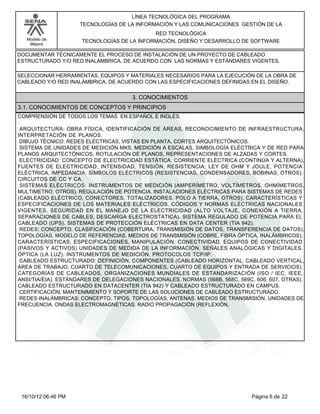 Modelo de
Mejora
LÍNEA TECNOLÓGICA DEL PROGRAMA
TECNOLOGÍAS DE LA INFORMACIÓN Y LAS COMUNICACIONES GESTIÓN DE LA
RED TECNOLÓGICA
TECNOLOGÍAS DE LA INFORMACIÓN, DISEÑO Y DESARROLLO DE SOFTWARE
DOCUMENTAR TÉCNICAMENTE EL PROCESO DE INSTALACIÓN DE UN PROYECTO DE CABLEADO
ESTRUCTURADO Y/O RED INALÁMBRICA, DE ACUERDO CON LAS NORMAS Y ESTÁNDARES VIGENTES.
SELECCIONAR HERRAMIENTAS, EQUIPOS Y MATERIALES NECESARIOS PARA LA EJECUCIÓN DE LA OBRA DE
CABLEADO Y/O RED INALÁMBRICA, DE ACUERDO CON LAS ESPECIFICACIONES DEFINIDAS EN EL DISEÑO.
3. CONOCIMIENTOS
3.1. CONOCIMIENTOS DE CONCEPTOS Y PRINCIPIOS
COMPRENSIÓN DE TODOS LOS TEMAS EN ESPAÑOL E INGLÉS.
ARQUITECTURA: OBRA FÍSICA, IDENTIFICACIÓN DE ÁREAS, RECONOCIMIENTO DE INFRAESTRUCTURA,
INTERPRETACIÓN DE PLANOS.
DIBUJO TÉCNICO: REDES ELÉCTRICAS, VISTAS EN PLANTA, CORTES ARQUITECTÓNICOS.
SISTEMA DE UNIDADES DE MEDICIÓN MKS, MEDICIÓN A ESCALAS, SIMBOLOGÍA ELÉCTRICA Y DE RED PARA
PLANOS ARQUITECTÓNICOS, ROTULACIÓN DE PLANOS, REPRESENTACIONES DE ALZADAS Y CORTES.
ELECTRICIDAD: CONCEPTO DE ELECTRICIDAD ESTÁTICA, CORRIENTE ELÉCTRICA (CONTINÚA Y ALTERNA),
FUENTES DE ELECTRICIDAD, INTENSIDAD, TENSIÓN, RESISTENCIA, LEY DE OHM Y JOULE, POTENCIA
ELÉCTRICA, IMPEDANCIA. SÍMBOLOS ELÉCTRICOS (RESISTENCIAS, CONDENSADORES, BOBINAS, OTROS).
CIRCUITOS DE CC Y CA.
SISTEMAS ELÉCTRICOS: INSTRUMENTOS DE MEDICIÓN (AMPERÍMETRO, VOLTÍMETROS, OHMÍMETROS,
MULTIMETRO, OTROS). REGULACIÓN DE POTENCIA. INSTALACIONES ELÉCTRICAS PARA SISTEMAS DE REDES
(CABLEADO ELÉCTRICO, CONECTORES, TOTALIZADORES, POLO A TIERRA, OTROS). CARACTERÍSTICAS Y
ESPECIFICACIONES DE LOS MATERIALES ELÉCTRICOS. CÓDIGOS Y NORMAS ELÉCTRICAS NACIONALES
VIGENTES. SEGURIDAD EN EL MANEJO DE LA ELECTRICIDAD (ALTO VOLTAJE, CONEXIÓN A TIERRA,
SEPARACIONES DE CABLES, DESCARGA ELECTROSTÁTICA). SISTEMA REGULADO DE POTENCIA PARA EL
CABLEADO (UPS), SISTEMAS DE PROTECCIÓN ELÉCTRICAS EN DATA CENTER (TIA 942).
REDES: CONCEPTO. CLASIFICACIÓN (COBERTURA, TRANSMISIÓN DE DATOS, TRANSFERENCIA DE DATOS).
TOPOLOGÍAS, MODELO DE REFERENCIAS. MEDIOS DE TRANSMISIÓN (COBRE, FIBRA ÓPTICA, INALÁMBRICOS),
CARACTERÍSTICAS, ESPECIFICACIONES, MANIPULACIÓN, CONECTIVIDAD. EQUIPOS DE CONECTIVIDAD
(PASIVOS Y ACTIVOS) UNIDADES DE MEDIDA DE LA INFORMACIÓN. SEÑALES ANALÓGICAS Y DIGITALES.
ÓPTICA (LA LUZ). INSTRUMENTOS DE MEDICIÓN. PROTOCOLOS TCP/IP.
CABLEADO ESTRUCTURADO: DEFINICIÓN, COMPONENTES (CABLEADO HORIZONTAL, CABLEADO VERTICAL,
ÁREA DE TRABAJO, CUARTO DE TELECOMUNICACIONES, CUARTO DE EQUIPOS Y ENTRADA DE SERVICIOS).
CATEGORÍAS DE CABLEADOS, ORGANIZACIONES MUNDIALES DE ESTANDARIZACIÓN (ISO / IEC, IEEE,
ANSI/TIA/EIA). ESTÁNDARES DE DELEGACIONES NACIONALES. NORMAS (568B, 568C, 569C, 606, 607, OTRAS).
CABLEADO ESTRUCTURADO EN DATACENTER (TIA 942) Y CABLEADO ESTRUCTURADO EN CAMPUS.
CERTIFICACIÓN, MANTENIMIENTO Y SOPORTE DE LAS SOLUCIONES DE CABLEADO ESTRUCTURADO.
REDES INALÁMBRICAS: CONCEPTO. TIPOS. TOPOLOGÍAS, ANTENAS. MEDIOS DE TRANSMISIÓN. UNIDADES DE
FRECUENCIA. ONDAS ELECTROMAGNÉTICAS. RADIO PROPAGACIÓN (REFLEXIÓN,
Página 6 de 2216/10/12 06:46 PM
 