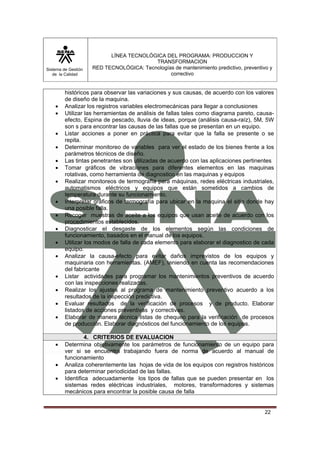 Sistema de Gestión 
de la Calidad 
LÍNEA TECNOLÓGICA DEL PROGRAMA: PRODUCCION Y 
TRANSFORMACION 
RED TECNOLÓGICA: Tecnologías de mantenimiento predictivo, preventivo y 
correctivo 
históricos para observar las variaciones y sus causas, de acuerdo con los valores 
de diseño de la maquina. 
• Analizar los registros variables electromecánicas para llegar a conclusiones 
• Utilizar las herramientas de análisis de fallas tales como diagrama pareto, causa-efecto, 
Espina de pescado, lluvia de ideas, porque (análisis causa-raíz), 5M, 5W 
22 
son s para encontrar las causas de las fallas que se presentan en un equipo. 
• Listar acciones a poner en práctica para evitar que la falla se presente o se 
repita. 
• Determinar monitoreo de variables para ver el estado de los bienes frente a los 
parámetros técnicos de diseño. 
• Las tintas penetrantes son utilizadas de acuerdo con las aplicaciones pertinentes 
• Tomar gráficos de vibraciones para diferentes elementos en las maquinas 
rotativas, como herramienta de diagnostico en las maquinas y equipos 
• Realizar monitoreos de termografía para máquinas, redes eléctricas industriales, 
automatismos eléctricos y equipos que están sometidos a cambios de 
temperatura durante su funcionamiento. 
• Interpretar gráficos de termografía para ubicar en la maquina el sitio donde hay 
una posible falla. 
• Recoger muestras de aceite a los equipos que usan aceite de acuerdo con los 
procedimientos establecidos. 
• Diagnosticar el desgaste de los elementos según las condiciones de 
funcionamiento, basados en el manual de los equipos. 
• Utilizar los modos de falla de cada elemento para elaborar el diagnostico de cada 
equipo. 
• Analizar la causa-efecto para evitar daños imprevistos de los equipos y 
maquinaria con herramientas. (AMEF), teniendo en cuenta las recomendaciones 
del fabricante 
• Listar actividades para programar los mantenimientos preventivos de acuerdo 
con las inspecciones realizadas. 
• Realizar los ajustes al programa de mantenimiento preventivo acuerdo a los 
resultados de la inspección predictiva. 
• Evaluar resultados de la verificación de procesos y de producto. Elaborar 
listados de acciones preventivas y correctivas. 
• Elaborar de manera técnica listas de chequeo para la verificación de procesos 
de producción. Elaborar diagnósticos del funcionamiento de los equipos. 
4. CRITERIOS DE EVALUACION 
• Determina objetivamente los parámetros de funcionamiento de un equipo para 
ver si se encuentra trabajando fuera de norma de acuerdo al manual de 
funcionamiento 
• Analiza coherentemente las hojas de vida de los equipos con registros históricos 
para determinar periodicidad de las fallas. 
• Identifica adecuadamente los tipos de fallas que se pueden presentar en los 
sistemas redes eléctricas industriales, motores, transformadores y sistemas 
mecánicos para encontrar la posible causa de falla 
 