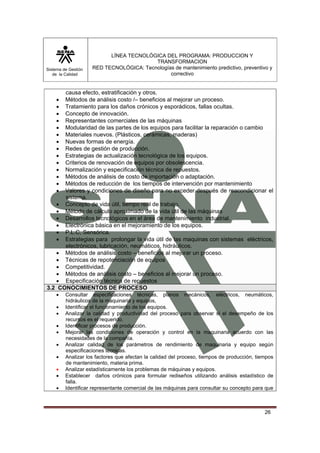 Sistema de Gestión 
de la Calidad 
LÍNEA TECNOLÓGICA DEL PROGRAMA: PRODUCCION Y 
TRANSFORMACION 
RED TECNOLÓGICA: Tecnologías de mantenimiento predictivo, preventivo y 
correctivo 
26 
causa efecto, estratificación y otros. 
• Métodos de análisis costo /– beneficios al mejorar un proceso. 
• Tratamiento para los daños crónicos y esporádicos, fallas ocultas. 
• Concepto de innovación. 
• Representantes comerciales de las máquinas 
• Modularidad de las partes de los equipos para facilitar la reparación o cambio 
• Materiales nuevos. (Plásticos, cerámicas, maderas) 
• Nuevas formas de energía. 
• Redes de gestión de producción. 
• Estrategias de actualización tecnológica de los equipos. 
• Criterios de renovación de equipos por obsolescencia. 
• Normalización y especificación técnica de repuestos. 
• Métodos de análisis de costo de importación o adaptación. 
• Métodos de reducción de los tiempos de intervención por mantenimiento 
• Valores y condiciones de diseño para no exceder después de reacondicionar el 
sistema. 
• Concepto de vida útil, tiempo real de trabajo. 
• Método de cálculo aproximado de la vida útil de las máquinas 
• Desarrollos tecnológicos en el área de mantenimiento industrial. 
• Electrónica básica en el mejoramiento de los equipos. 
• P.L.C, Sensórica. 
• Estrategias para prolongar la vida útil de las maquinas con sistemas eléctricos, 
electrónicos, lubricación, neumáticos, hidráulicos. 
• Métodos de análisis costo – beneficios al mejorar un proceso. 
• Técnicas de repotenciación de equipos 
• Competitividad. 
• Métodos de análisis costo – beneficios al mejorar un proceso. 
• Especificación técnica de repuestos 
3.2 CONOCIMIENTOS DE PROCESO 
• Consultar especificaciones técnicas, planos mecánicos, eléctricos, neumáticos, 
hidráulicos de la maquinaria y equipos, 
• Identificar el funcionamiento de los equipos. 
• Analizar la calidad y productividad del proceso para observar si el desempeño de los 
recursos es el requerido. 
• Identificar procesos de producción. 
• Mejorar las condiciones de operación y control en la maquinaria acuerdo con las 
necesidades de la compañía. 
• Analizar calidad de los parámetros de rendimiento de maquinaria y equipo según 
especificaciones técnicas. 
• Analizar los factores que afectan la calidad del proceso, tiempos de producción, tiempos 
de mantenimiento, materia prima. 
• Analizar estadísticamente los problemas de máquinas y equipos. 
• Establecer daños crónicos para formular rediseños utilizando análisis estadístico de 
falla. 
• Identificar representante comercial de las máquinas para consultar su concepto para que 
 