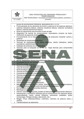 Sistema de Gestión 
de la Calidad 
LÍNEA TECNOLÓGICA DEL PROGRAMA: PRODUCCION Y 
TRANSFORMACION 
RED TECNOLÓGICA: Tecnologías de mantenimiento predictivo, preventivo y 
correctivo 
29 
grupos de accionamiento hidráulicos, generadores de c.c y c.a) 
• Funcionamiento de los elementos de control y potencia en los sistemas eléctricos, 
sistemas hidráulicos básicos, sistemas mecánicos básicos, sistemas neumáticos 
básicos, sistemas electrónicos básicos 
• Rutas de seguimiento para encontrar puntos de falla 
• Diagnóstico de bancos de condensadores: Automatismo corrector de factor, 
Verificación de pasos de condensadores 
• Funcionamiento de la maquinaria y equipos de producción industrial: control y 
potencia 
• Simbología de componentes eléctricos 
• Técnicas de interpretación de planos eléctricos, electro hidráulicos, electro 
neumáticos y electromecánicos 
• Catálogos de productos de mantenimiento 
• Técnicas para la búsqueda en la red de hojas técnicas para componentes 
eléctricos 
• Parámetros y rangos de fabricante 
• Ingles técnico: traducción e interpretación de procedimientos 
• Manejo de normas eléctricas Colombianas. 
• Código Eléctrico Nacional Norma 2050 
• Resolución 24000 
• RETIE: Reglamento Técnico de Instalaciones Eléctricas. 
• Estrategias para el uso racional de energía. 
• PHVA en corregir y prevenir. 
• Técnicas de análisis de fallas eléctricas 
• Tipos de reconstrucciones eléctricas 
• Nivel tecnológico de las máquinas 
• Técnicas de aplicación de soldadura de estaño y oxiacetileno 
• Conexiones de motores y transformadores 
• Técnicas para la extracción de tortillería rota 
• Machuelos y terrajas 
• Instrumentos de medición: micrómetro, pie de rey 
• Clases de limas para ajuste manual 
• Técnicas de reconstrucción o fabricación: 
• Métodos de reconstrucción de rotores, bobinado de motores y transformadores, 
contactos, bobinas, reconstrucción de interruptores industriales 
• Normalización de los componentes eléctricos 
• Metrología en electricidad 
• Internet: motores de búsqueda, portales de fabricantes de componentes eléctricos 
• Herramientas y dispositivos utilizados para el mantenimiento las máquinas (llaves, 
destornilladores, cautín, prensa hidráulica, extractores, polipastos, grúas, 
montacargas, Pértigas de baja y alta tensión, etc.). 
• Megger, Pinza voltiamperimétrica, multímetro, vatímetro de potencia activa y 
reactiva 
• Transformadores de aislamiento 
 