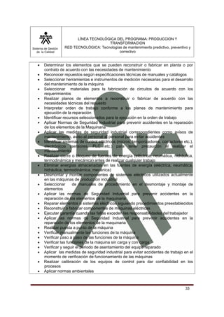 Sistema de Gestión 
de la Calidad 
LÍNEA TECNOLÓGICA DEL PROGRAMA: PRODUCCION Y 
TRANSFORMACION 
RED TECNOLÓGICA: Tecnologías de mantenimiento predictivo, preventivo y 
correctivo 
• Determinar los elementos que se pueden reconstruir o fabricar en planta o por 
33 
contrato de acuerdo con las necesidades de mantenimiento 
• Reconocer repuestos según especificaciones técnicas de manuales y catálogos 
• Seleccionar herramientas e instrumentos de medición necesarias para el desarrollo 
del mantenimiento de la máquina 
• Seleccionar materiales para la fabricación de circuitos de acuerdo con los 
requerimientos 
• Realizar planos de elementos a reconstruir o fabricar de acuerdo con las 
necesidades técnicas del repuesto 
• Interpretar orden de trabajo conforme a los planes de mantenimiento para 
ejecución de la reparación 
• Identificar recursos seleccionados para la ejecución en la orden de trabajo 
• Aplicar Normas de Seguridad Industrial para prevenir accidentes en la reparación 
de los elementos de la Maquinaria 
• Aplicar las medidas de seguridad industrial correspondientes como avisos de 
mantenimiento, aviso al personal al personal para evitar accidentes 
• Identificar sistemas de control eléctricos (micros, temporizadores, contactores etc.), 
electrónicos (sensores, PLC etc.) para tener precaución al realizar el 
mantenimiento. 
• Realizar cierre o bloqueo de fuentes de energía (eléctrica, neumática, hidráulica, 
termodinámica y mecánica) antes de realizar cualquier trabajo 
• Eliminar energías almacenadas en las fuentes de energía (eléctrica, neumática, 
hidráulica, termodinámica, mecánica) 
• Desmontar y montar componentes de sistemas eléctricos utilizados actualmente 
en las máquinas de producción industrial 
• Seleccionar de manuales de procedimiento en el desmontaje y montaje de 
elementos 
• Aplicar las normas de Seguridad Industrial para prevenir accidentes en la 
reparación de los elementos de la maquinaria 
• Reparar elementos o sistemas eléctricos siguiendo procedimientos preestablecidos 
• Reconstruir o fabricar componentes de máquinas eléctricas 
• Ejecutar garantía cuando las fallas exceden las responsabilidades del trabajador 
• Aplicar las normas de Seguridad Industrial para prevenir accidentes en la 
reparación de los elementos de la maquinaria 
• Realizar puesta a punto de la máquina 
• Verificar manualmente las funciones de la máquina 
• Verificar paso a paso de las funciones de la máquina 
• Verificar las funciones de la máquina sin carga y con carga 
• Verificar y seguir el periodo de asentamiento del equipo reparado 
• Aplicar las medidas de seguridad industrial para evitar accidentes de trabajo en el 
momento de verificación de funcionamiento de las máquinas 
• Realizar calibración de los equipos de control para dar confiabilidad en los 
procesos 
• Aplicar normas ambientales 
 