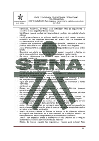 Sistema de Gestión 
de la Calidad 
LÍNEA TECNOLÓGICA DEL PROGRAMA: PRODUCCION Y 
TRANSFORMACION 
RED TECNOLÓGICA: Tecnologías de mantenimiento predictivo, preventivo y 
correctivo 
hidráulicos, mecánicos, eléctricos) para establecer rutas de seguimiento y 
encontrar el daño según la orden de trabajo 
• Identifica de manera asertiva los instrumentos de medición para detectar el daño 
36 
eléctrico 
• Identifica con coherencia los sistemas eléctricos de control, mando, potencia y 
protección en las máquinas industriales de acuerdo con los manuales de 
funcionamiento de la máquina 
• Establece con coherencia procedimientos de operación, fabricación o diseño a 
partir de las causas de falla o avería con base a las normas de la empresa 
• Aplica analíticamente técnicas de análisis de fallas para identificar la causa raíz de 
la falla 
• Determina con criterio los elementos que se pueden reconstruir o fabricar en 
planta o por contrato de acuerdo con las necesidades de mantenimiento 
• Reconoce objetivamente los repuestos según especificaciones técnicas de 
manuales y catálogos 
• Selecciona asertivamente las herramientas e instrumentos de medición necesarias 
para el desarrollo del mantenimiento de la máquina 
• Selecciona recursivamente los materiales para la fabricación de circuitos de 
acuerdo con los requerimientos 
• Realiza en forma ordenada los planos de elementos a reconstruir o fabricar de 
acuerdo con las necesidades técnicas del repuesto 
• Identifica analíticamente los sistemas de control eléctrico y electrónicos teniendo 
en cuenta el funcionamiento de la máquina 
• Realiza de manera cautelosa el cierre o bloqueo de fuentes de energía y elimina 
las energías almacenadas siguiendo las normas de seguridad industrial 
• Sigue con criterio los manuales de procedimiento para desmontar y montar 
elementos 
• atendiendo las normas de seguridad industria 
• Repara con coherencia los elementos o sistemas eléctricos siguiendo 
procedimientos preestablecidos 
• Reconstruye o fabrica con responsabilidad los elementos o sistemas eléctricos 
máquinas industriales siguiendo procedimientos establecidos 
• Ejecuta con responsabilidad la garantía cuando las fallas exceden las 
responsabilidades del trabajador de acuerdo con procedimientos de la empresa 
• Aplica con responsabilidad las normas de Seguridad Industrial para prevenir 
accidentes en la reparación de los elementos de la maquinaria 
• Aplica con responsabilidad las normas de seguridad industrial correspondientes 
como avisos de mantenimiento, aviso al personal para evitar accidentes mientras 
se realiza el proceso de verificación 
• Analiza de manera segura las fuentes de energía de los diferentes sistemas 
tecnológicos que intervienen en el funcionamiento de la máquina tomando las 
correspondientes mediciones para verificar su correcto funcionamiento 
• Analiza con capacidad crítica el desempeño de las funciones de la máquina 
realizando inspecciones con instrumentos de medición 
• Realiza de manera rigurosa las inspecciones visuales para detectar fallas 
 