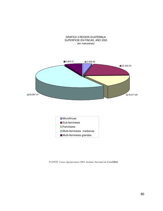80
GRAFICA 3 REGION GUATEMALA:
SUPERFICIE EN FINCAS, AÑO 2003
(en manzanas)
18,071.83
22,324.03
55,597.47
6,803.51 3,508.06
Microfincas
Sub-familiares
Familiares
Multi-familiares medianas
Multi-familiares grandes
FUENTE: Censo Agropecuario 2003, Instituto Nacional de Estadística
 