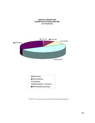 81
GRAFICA 4 REGION SUR
SUPERFICIE EN FINCAS AÑO 2003
(en manzanas)
436,352.69
284,250.36
81,548.65
66,470.827,701.93
Microfincas
Sub-familiares
Familiares
Multi-familiares medianas
Multi-familiares grandes
FUENTE: Censo Agropecuario 2003, Instituto Nacional de Estadística
 