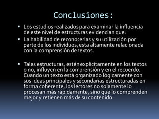 Conclusiones:Los estudios realizados para examinar la influencia de este nivel de estructuras evidencian que:La habilidad de reconocerlas y su utilización por parte de los individuos, esta altamente relacionada con la comprensión de textos.Tales estructuras, estén explícitamente en los textos o no, influyen en la comprensión y en el recuerdo. Cuando un texto está organizado lógicamente con sus ideas principales y secundarias estructuradas en forma coherente, los lectores no solamente lo procesan más rápidamente, sino que lo comprenden mejor y retienen más de su contenido.