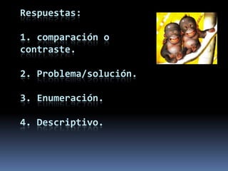 Respuestas:1. comparación ocontraste.2. Problema/solución.3. Enumeración.4. Descriptivo.