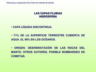 LAS CAPAS FLUIDAS HIDROSFERA CAPA LÍQUIDA DISCONTINUA.  71% DE LA SUPERFICIE TERRESTRE CUBIERTA DE AGUA. EL 98% EN LOS OCÉANOS. ORIGEN: DESHIDRATACIÓN DE LAS ROCAS DEL MANTO. OTROS AUTORES, POSIBLE BOMBARDEO DE COMETAS. 