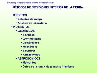 MÉTODOS DE ESTUDIO DEL INTERIOR DE LA TIERRA DIRECTOS Estudios de campo Análisis de laboratorio INDIRECTOS GEOFÍSICOS Sísmicos Gravimétricos Geotérmicos Magnéticos Eléctricos Radiactividad ASTRONÓMICOS Meteoritos Datos de la luna y de planetas interiores 