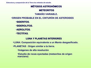 MÉTODOS ASTRONÓMICOS METEORITOS TAMAÑO VARIABLE. ORIGEN PROBABLE EN EL CINTURÓN DE ASTEROIDES SIDERITOS .  SIDEROLITOS .  AEROLITOS .  TECTITAS .  LUNA Y PLANETAS INTERIORES LUNA: Composición equivalente a un Manto desgasificado. PLANETAS : Origen similar a la tierra.  Imágenes de alta resolución Estudio de rocas eyectadas (meteoritos de origen marciano) 
