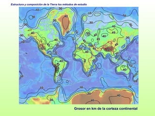 Grosor en km de la corteza continental 