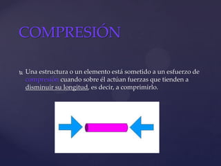  Una estructura o un elemento está sometido a un esfuerzo de
compresión cuando sobre él actúan fuerzas que tienden a
disminuir su longitud, es decir, a comprimirlo.
COMPRESIÓN
 