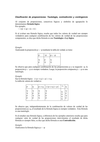 Clasificación de proposiciones: Tautología, contradicción y contingencia
Al conjunto de proposiciones, conectivos lógicos y símbolos de agrupación lo
denominamos fórmula lógica.
Por ejemplo,
~ { (p q) (s t) }
Si al evaluar una fórmula lógica, resulta que todos los valores de verdad son siempre
verdaderos para cualquier combinación de los valores de verdad de las proposiciones
componentes, se dice que dicha fórmula es una Tautología o Ley lógica.

Ejemplo
Analizando la proposición p

~p mediante la tabla de verdad, se tiene:
p

~p

p

V
F

F
V

V
V

~p

Se observa que para cualquier combinación de las proposiciones p y su negación ~p, la
proposición p ~p es siempre verdadera. Luego, la proposición compuesta p ~p es una
tautología.
Ejemplo
Sea la fórmula lógica { ( p q )
La tabla de valores de verdad es:
p

q

p

V
V
F
F

V
F
V
F

p}

V
F
V
V

q

{(p
V
F
F
F

q

q)

q

p}
V
V
V
V

V
F
V
F

Se observa que, independientemente de la combinación de valores de verdad de las
proposiciones p y q, el resultado de la fórmula lógica es siempre verdadero. Esta fórmula
es una tautología.
Si al estudiar una fórmula lógica, a diferencia de los ejemplos anteriores resulta que para
cualquier valor de verdad de las proposiciones intervinientes el resultado de dicha
fórmula es siempre falso, se dice que dicha fórmula es una Contradicción.
Ejemplo
Analicemos la fórmula lógica p

~p

 