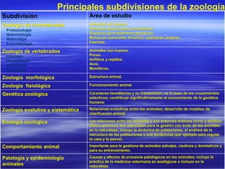Principales subdivisiones de la zoología
Subdivisión                        Área de estudio
Zoología de invertebrados          Animales sin huesos.
 Protozoología                     Animales básicamente unicelulares.
 Helmintología                     Gusanos (principalmente parásitos).
 Malacoligía                       Moluscos (caracoles, bivalvos, calamares, pulpos).
 Entomatología                     Insectos.

Zoología de vertebrados            Animales con huesos.
 Ictiología                        Peces.
 Herpetología                      Anfibios y reptiles.
 Ornitología                       Aves.
 Mamalogía                         Mamíferos.

Zoología morfológica               Estructura animal.

Zoología fisiológica               Funcionamiento animal.

Genética zoológica                 Caracteres hereditarios y su transmisión; es la base de los cruzamientos
                                   selectivos; contribuye significativamente al conocimiento de la genética
                                   humana.

Zoología evolutiva y sistemática   Relaciones evolutivas entre los animales; desarrollo de modelos de
                                   clasificación animal.

Ecología zoológica                 Las relaciones entre los animales y sus entornos bióticos (vivo) y abiótico
                                   (físico-químico); son esenciales para la gestión con éxito de los animales
                                   en la naturaleza; incluye la dinámica de poblaciones, el análisis de la
                                   estructura de las poblaciones y sus tendencias (por ejemplo para regular
                                   la caza y la pesca).

Comportamiento animal              Importante para la gestiona de animales salvajes, cautivos y domésticos y
                                   para su entrenamiento.

Patología y epidemiología          Causas y efectos de procesos patológicos en los animales; incluye la
                                   práctica de la medicina veterinaria en zoológicos o incluso en la
animales                           naturaleza.
 