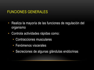 FUNCIONES GENERALES
• Realiza la mayoría de las funciones de regulación del
organismo
• Controla actividades rápidas como:
• Contracciones musculares
• Fenómenos viscerales
• Secreciones de algunas glándulas endócrinas
 