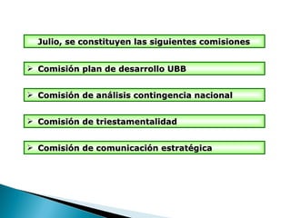 Comisión plan de desarrollo UBB Comisión de análisis contingencia nacional Comisión de triestamentalidad Comisión de comunicación estratégica Julio, se constituyen las siguientes comisiones 