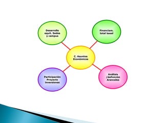C. Asuntos Económicos Financiam. total basal Análisis /definición Aranceles Participación Proyecto inversiones Desarrollo equit. Sedes y campus 