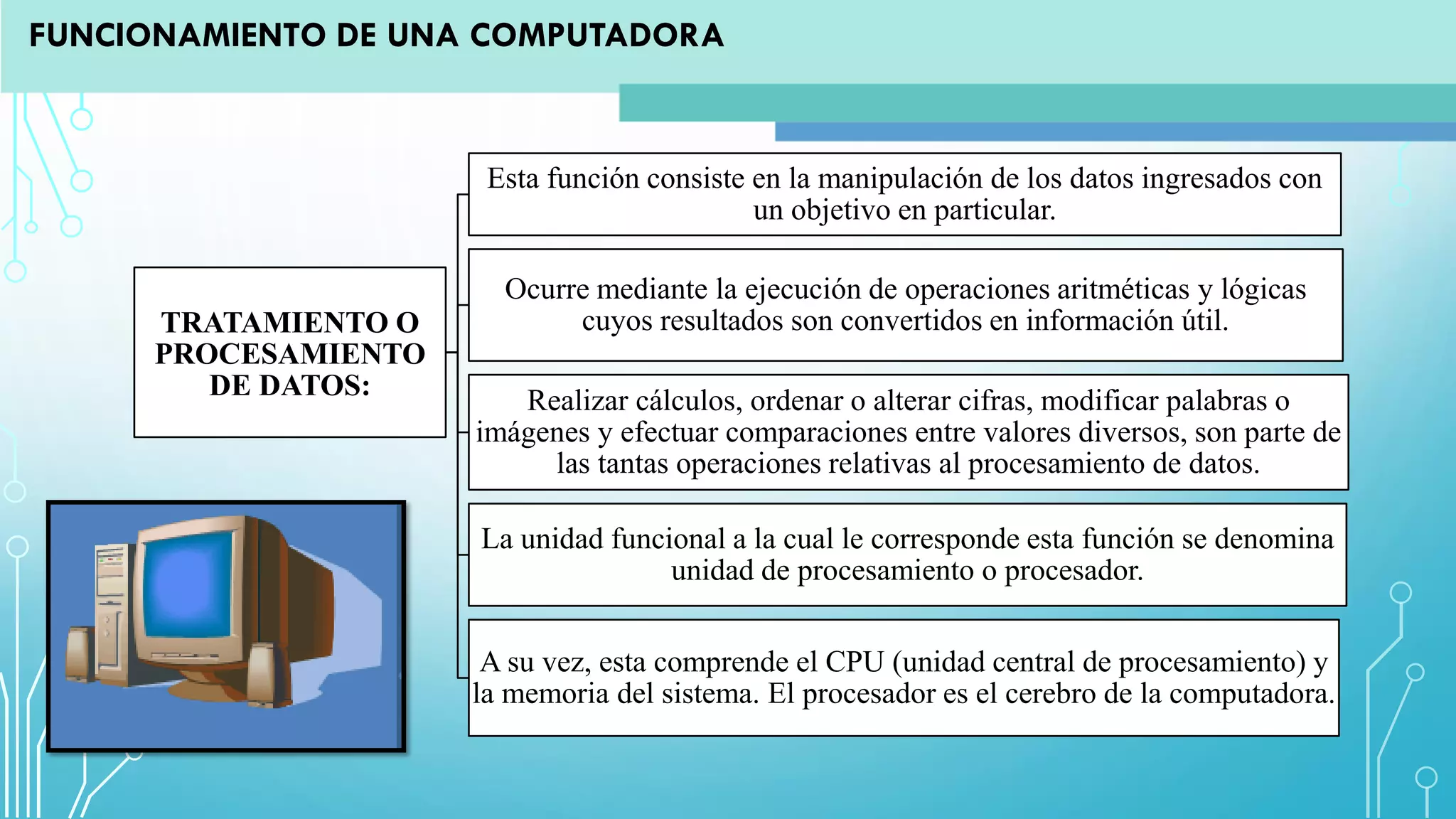 TRATAMIENTO O
PROCESAMIENTO
DE DATOS:
Esta función consiste en la manipulación de los datos ingresados con
un objetivo en particular.
Ocurre mediante la ejecución de operaciones aritméticas y lógicas
cuyos resultados son convertidos en información útil.
Realizar cálculos, ordenar o alterar cifras, modificar palabras o
imágenes y efectuar comparaciones entre valores diversos, son parte de
las tantas operaciones relativas al procesamiento de datos.
La unidad funcional a la cual le corresponde esta función se denomina
unidad de procesamiento o procesador.
A su vez, esta comprende el CPU (unidad central de procesamiento) y
la memoria del sistema. El procesador es el cerebro de la computadora.
FUNCIONAMIENTO DE UNA COMPUTADORA
 