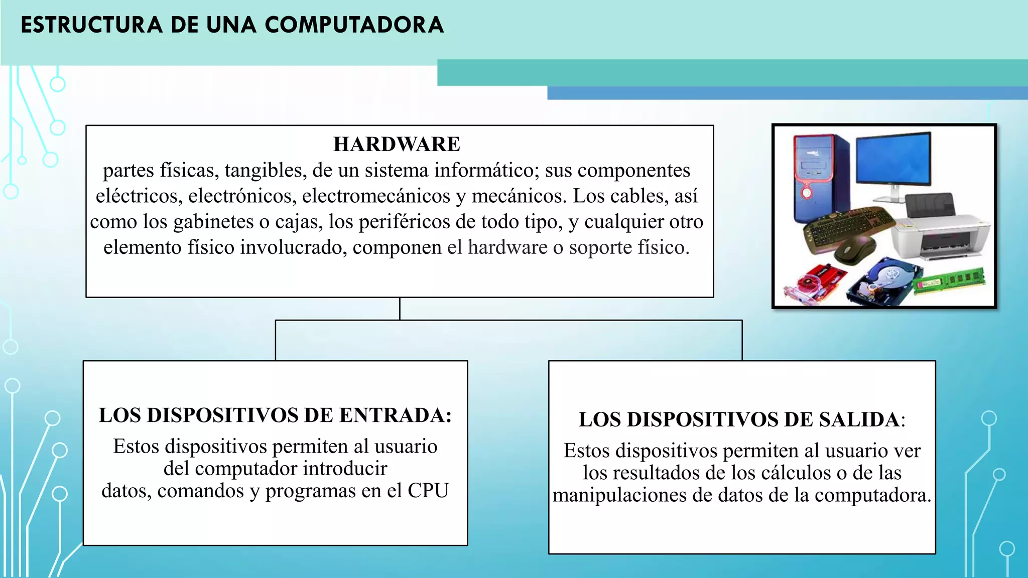 LOS DISPOSITIVOS DE ENTRADA:
Estos dispositivos permiten al usuario
del computador introducir
datos, comandos y programas en el CPU
LOS DISPOSITIVOS DE SALIDA:
Estos dispositivos permiten al usuario ver
los resultados de los cálculos o de las
manipulaciones de datos de la computadora.
HARDWARE
partes físicas, tangibles, de un sistema informático; sus componentes
eléctricos, electrónicos, electromecánicos y mecánicos. Los cables, así
como los gabinetes o cajas, los periféricos de todo tipo, y cualquier otro
elemento físico involucrado, componen el hardware o soporte físico.
ESTRUCTURA DE UNA COMPUTADORA
 
