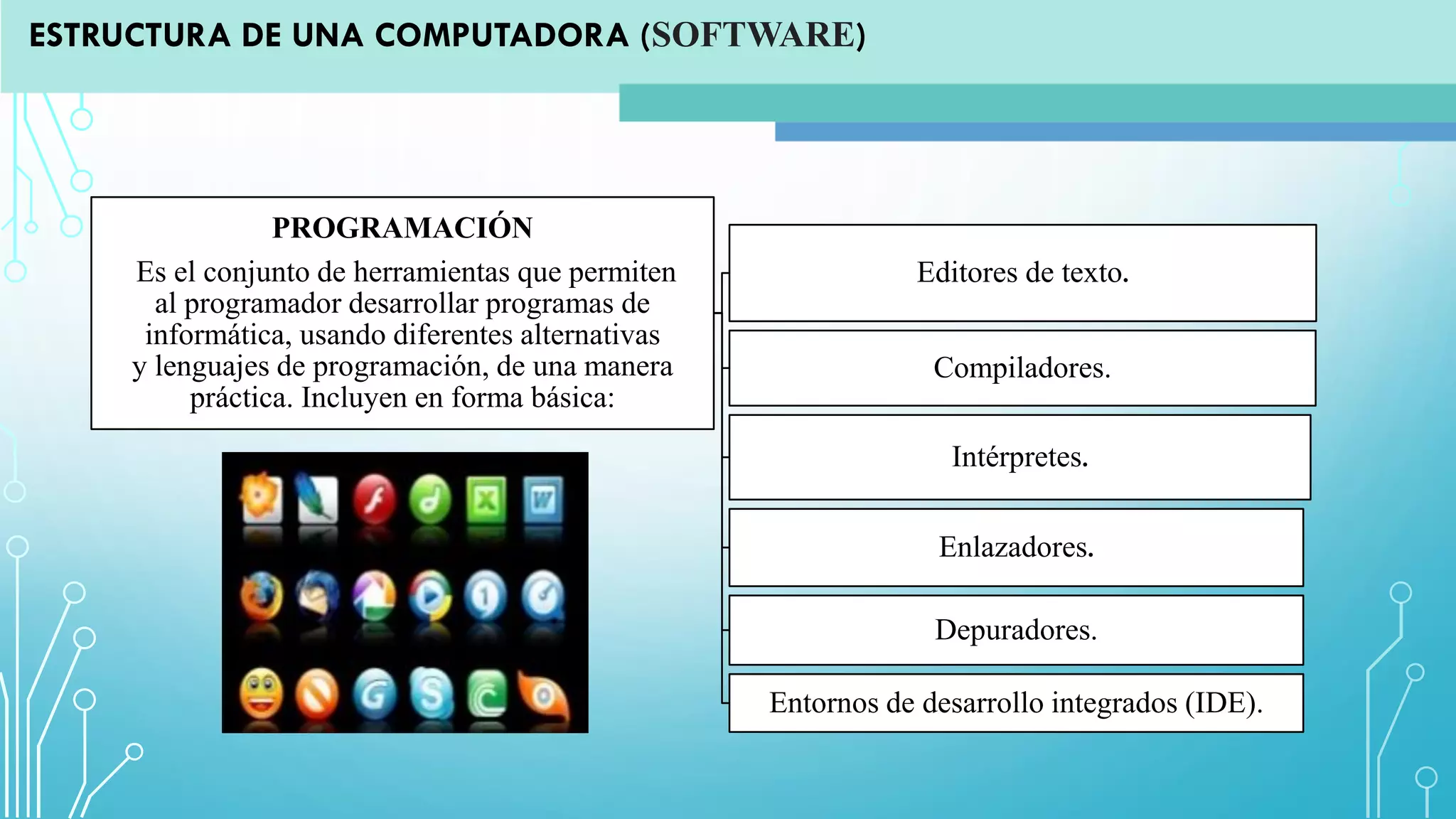 PROGRAMACIÓN
Es el conjunto de herramientas que permiten
al programador desarrollar programas de
informática, usando diferentes alternativas
y lenguajes de programación, de una manera
práctica. Incluyen en forma básica:
Editores de texto.
Compiladores.
Intérpretes.
Enlazadores.
Depuradores.
Entornos de desarrollo integrados (IDE).
ESTRUCTURA DE UNA COMPUTADORA (SOFTWARE)
 