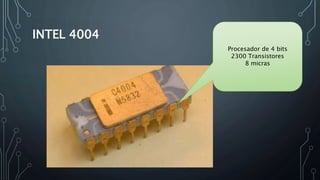 INTEL 4004
Procesador de 4 bits
2300 Transistores
8 micras
 