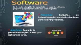 Es la parte intangible del cumputador o todos los diferentes
programas que pueden ser usados para tareas asignadas.
Programas: Conjuntos de
instrucciones de computador diseñados
para resolver problemas.
Algoritmos: Conjunto de
procedimientos paso a paso para
realizar una tarea.
 