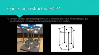 Qué es una estructura HCP?
 También conocida como la celda primitiva, es la estructura más común en los metales ya que
pueden alcanzar energías pequeñas logrando estructuras más estables.
 