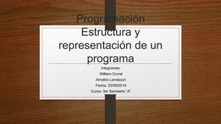 Programación 
Estructura y 
representación de un 
programa 
Integrantes: 
William Corral 
Arnaldo Landazuri 
Fecha: 23/09/2014 
Curso: 3er Semestre “A” 
 