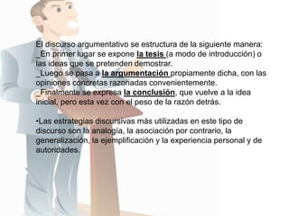 El discurso argumentativo se estructura de la siguiente manera: 
_En primer lugar se expone la tesis (a modo de introducción) o 
las ideas que se pretenden demostrar. 
_Luego se pasa a la argumentación propiamente dicha, con las 
opiniones concretas razonadas convenientemente. 
_Finalmente se expresa la conclusión, que vuelve a la idea 
inicial, pero esta vez con el peso de la razón detrás. 
•Las estrategias discursivas más utilizadas en este tipo de 
discurso son la analogía, la asociación por contrario, la 
generalización, la ejemplificación y la experiencia personal y de 
autoridades. 
 