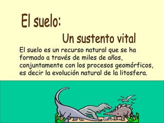El suelo es un recurso natural que se ha
formado a través de miles de años,
conjuntamente con los procesos geomórficos,
es decir la evolución natural de la litosfera.
 