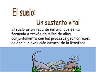 El suelo: Un sustento vital El suelo es un recurso natural que se ha  formado a través de miles de años,  conjuntamente con los procesos geomórficos, es decir la evolución natural de la litosfera. 