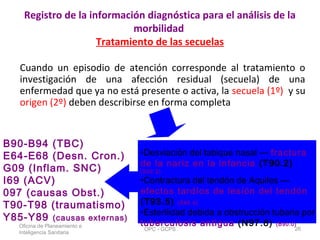 Registro de la información diagnóstica para el análisis de la
morbilidad
Tratamiento de las secuelas
Cuando un episodio de atención corresponde al tratamiento o
investigación de una afección residual (secuela) de una
enfermedad que ya no está presente o activa, la secuela (1º) y su
origen (2º) deben describirse en forma completa
Oficina de Planeamiento e
Inteligencia Sanitaria
OPC - GCPS 26
•Desviación del tabique nasal — fractura
de la nariz en la infancia (T90.2)
(S02.2)
•Contractura del tendón de Aquiles —
efectos tardíos de lesión del tendón
(T93.5) (S86.0)
•Esterilidad debida a obstrucción tubaria por
tuberculosis antigua (N97.8) (B90.0)
B90-B94 (TBC)
E64-E68 (Desn. Cron.)
G09 (Inflam. SNC)
I69 (ACV)
097 (causas Obst.)
T90-T98 (traumatismo)
Y85-Y89 (causas externas)
 