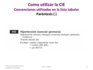 Como utilizar la CIE
Convenciones utilizadas en la lista tabular
Paréntesis ( )
Oficina de Planeamiento e
Inteligencia Sanitaria
OPC - GCPS 53
 