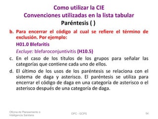 Como utilizar la CIE
Convenciones utilizadas en la lista tabular
Paréntesis ( )
b. Para encerrar el código al cual se refiere el término de
exclusión. Por ejemplo:
H01.0 Blefaritis
Excluye: blefaroconjuntivitis (H10.5)
c. En el caso de los títulos de los grupos para señalar las
categorías que contiene cada uno de ellos.
d. El último de los usos de los paréntesis se relaciona con el
sistema de daga y asterisco. El paréntesis se utiliza para
encerrar el código de daga en una categoría de asterisco o el
asterisco después de una categoría de daga.
Oficina de Planeamiento e
Inteligencia Sanitaria
OPC - GCPS 54
 
