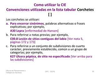 Como utilizar la CIE
Convenciones utilizadas en la lista tabular Corchetes
[ ]
Los corchetes se utilizan:
a. Para encerrar sinónimos, palabras alternativas o frases
explicativas; por ejemplo,
A30 Lepra [enfermedad de Hansen]
b. Para referirse a notas previas; por ejemplo,
C00.8 Lesión de sitios contiguos del labio [Ver nota 5,
páginas 172 y 173]
c. Para referirse a un conjunto de subdivisiones de cuarto
carácter, previamente establecido, común a un grupo de
categorías; por ejemplo,
K27 Úlcera péptica, de sitio no especificado [Ver arriba para
las subdivisiones]
Oficina de Planeamiento e
Inteligencia Sanitaria
OPC - GCPS 55
 