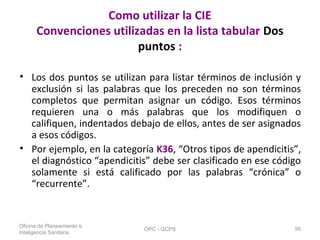 Como utilizar la CIE
Convenciones utilizadas en la lista tabular Dos
puntos :
• Los dos puntos se utilizan para listar términos de inclusión y
exclusión si las palabras que los preceden no son términos
completos que permitan asignar un código. Esos términos
requieren una o más palabras que los modifiquen o
califiquen, indentados debajo de ellos, antes de ser asignados
a esos códigos.
• Por ejemplo, en la categoría K36, “Otros tipos de apendicitis”,
el diagnóstico “apendicitis” debe ser clasificado en ese código
solamente si está calificado por las palabras “crónica” o
“recurrente”.
Oficina de Planeamiento e
Inteligencia Sanitaria
OPC - GCPS 56
 