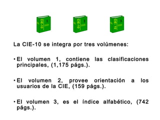 La CIE-10 se integra por tres volúmenes:
• El volumen 1, contiene las clasificaciones
principales, (1,175 págs.).
• El volumen 2, provee orientación a los
usuarios de la CIE, (159 págs.).
• El volumen 3, es el índice alfabético, (742
págs.).
CIE-10
CIE-10
CIE-10
1 2 3
 