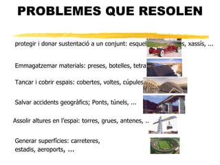 PROBLEMES QUE RESOLEN Generar superfcies: carreteres, estadis, aeroports , ... Emmagatzemar materials: preses, botelles, tetra brik, ...  Tancar i cobrir espais: cobertes, voltes, cpules, ...  Salvar accidents geogrfics; Ponts, tnels, ...  Assolir altures en lespai: torres, grues, antenes, ...  protegir i donar sustentaci a un conjunt: esquelet, armadures, xasss, ...  