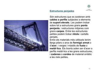 16
Tipus d’estructures
Estructures penjades
Són estructures que es sostenen amb
cables o perfils subjectes a elements
de suport elevats. Les podem trobar
sobre tot a estructures grans ponts
penjants, i estructures mitjanes com
grans carpes. Entre les estructures
petites podem trobar rètols i cartells
penjats.
Entre els materials més utilitzats tenim
llargs pilars o arcs de formigó armat o
d’acer, i verges i màstils de fusta o
metàl·lics. Els tirants solen ser d’acer o
perfils metàl·lics a les grans estructures,
i cadenes o cordes de material sintètic
a les més petites.
Tecnologia III: Materials i estructures
 