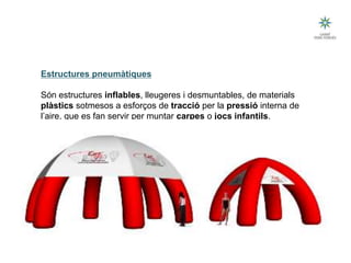 18
Tipus d’estructures
Estructures pneumàtiques
Són estructures inflables, lleugeres i desmuntables, de materials
plàstics sotmesos a esforços de tracció per la pressió interna de
l’aire, que es fan servir per muntar carpes o jocs infantils.
Tecnologia III: Materials i estructures
 