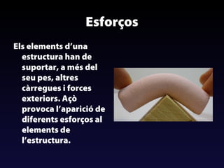 Esforços
Els elements d’una
estructura han de
suportar, a més del
seu pes, altres
càrregues i forces
exteriors. Açò
provoca l’aparició de
diferents esforços al
elements de
l’estructura.

 