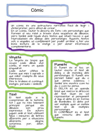Còmic
Un còmic és una estructura narrativa fàcil de llegir i
d'interpretar, però difícil de crear.
En un còmic, l'autor hi descriu els fets i els personatges que
formen el seu relat a través d'una seqüència de dibuixos,
però també amb l'ajuda d'uns textos que situen l'acció o que
reprodueixen els diàlegs dels personatges. Aquests textos
són, a vegades, un complement per poder arribar a fer una
bona lectura de la imatge o per donar informació
complementària.
Vinyeta
La vinyeta és l'espai que
ocupa cada dibuix d'un
còmic, el marc on queda
enquadrat.
Cada autor utilitza la
forma que més li agrada o
que millor s'adapta als seus
interessos.
Dins hi trobem el contingut:
imatges, paraules i símbols.
Fumets
El fumet és el lloc on
l'autor escriu el text de
diàleg o de monòleg dels
personatges. El fumet ens
permet saber què diu o
què pensa cadascú, i
també ens mostra com ho
diu o com ho pensa.
El DELTA és un apèndix
lineal que marca la direcció
del text. Quan es vol
representar el pensament
d' algú el delta és en forma
de bombolles. El delta pot
ser múltiple quan un mateix
text ve de múltiples
personatges.
El CONTINGUT és el text
que s'escriu dins dels
fumets.
Text
El text ajuda a la
comprensió de la història,
tot i que no n'és l'element
principal perquè els
dibuixos són prou
expressius. Els autors
juguen amb el text utilitzant
tipus i mesures de lletres
diferents per a situacions
diferents: alegria,
sorpresa, por, dolor,
fred...
 