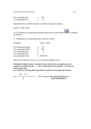 Desarrollo de Herramientas Gráfias 186
d) La propiedad Left ⇒ 424
e) La propiedad Top ⇒ 16
Haga doble clic en el botón Aceptar e introduzca el siguiente código.
Panel3->Visible=false;
16.- De la paleta de componentes Standard seleccione un objeto Memo y colóquelo
en elPanel3.
17.- Modificamos sus propiedades de la siguiente manera:
Propiedad Valor o Texto
a) La propiedad Height ⇒ 89
b) La propiedad Width ⇒ 409
c) La propiedad Left ⇒ 8
d) La propiedad Top ⇒ 8
e) La propiedad Lines ⇒ Doble clic
Aparecerá el editor de Líneas, en el se tecleará el siguiente Texto.
Pendiente Indeterminada. Cuendo la línea recta hace una paralela con la
vertical, los valores de las x para ambos puntos son iguales, y al hacer la
resta queda cero;
por lo tanto la fórmula para la pendiente quedaría de la siguiente manera:
Y2 - Y1
m = -------------------------------- Por lo que el valor de la pendiente es:
0 INDETERMINADO.
 