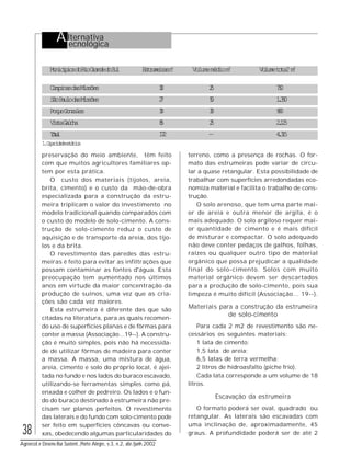 38
Agroecol.e Desenv.Rur.Sustent.,Porto Alegre, v.3, n.2, abr./junh.2002
preservação do meio ambiente, têm feito
com que muitos agricultores familiares op-
tem por esta prática.
O custo dos materiais (tijolos, areia,
brita, cimento) e o custo da mão-de-obra
especializada para a construção da estru-
meira triplicam o valor do investimento no
modelo tradicional quando comparados com
o custo do modelo de solo-cimento. A cons-
trução de solo-cimento reduz o custo de
aquisição e de transporte da areia, dos tijo-
los e da brita.
O revestimento das paredes das estru-
meiras é feito para evitar as infiltrações que
possam contaminar as fontes d'água. Esta
preocupação tem aumentado nos últimos
anos em virtude da maior concentração da
produção de suínos, uma vez que as cria-
ções são cada vez maiores.
Esta estrumeira é diferente das que são
citadas na literatura, para as quais recomen-
do uso de superfícies planas e de fôrmas para
conter a massa (Associação...19--). A constru-
ção é muito simples, pois não há necessida-
de de utilizar fôrmas de madeira para conter
a massa. A massa, uma mistura de água,
areia, cimento e solo do próprio local, é ajei-
tada no fundo e nos lados do buraco escavado,
utilizando-se ferramentas simples como pá,
enxada e colher de pedreiro. Os lados e o fun-
do do buraco destinado à estrumeira não pre-
cisam ser planos perfeitos. O revestimento
das laterais e do fundo com solo-cimento pode
ser feito em superfícies côncavas ou conve-
xas, obedecendo algumas particularidades do
terreno, como a presença de rochas. O for-
mato das estrumeiras pode variar de circu-
lar a quase retangular. Esta possibilidade de
trabalhar com superfícies arredondadas eco-
nomiza material e facilita o trabalho de cons-
trução.
O solo arenoso, que tem uma parte mai-
or de areia e outra menor de argila, é o
mais adequado. O solo argiloso requer mai-
or quantidade de cimento e é mais difícil
de misturar e compactar. O solo adequado
não deve conter pedaços de galhos, folhas,
raízes ou qualquer outro tipo de material
orgânico que possa prejudicar a qualidade
final do solo-cimento. Solos com muito
material orgânico devem ser descartados
para a produção de solo-cimento, pois sua
limpeza é muito difícil (Associação... 19--).
Materiais para a construção da estrumeira
de solo-cimento
Para cada 2 m2 de revestimento são ne-
cessários os seguintes materiais:
1 lata de cimento;
1,5 lata de areia;
6,5 latas de terra vermelha;
2 litros de hidroasfalto (piche frio).
Cada lata corresponde a um volume de 18
litros.
Escavação da estrumeira
O formato poderá ser oval, quadrado ou
retangular. As laterais são escavadas com
uma inclinação de, aproximadamente, 45
graus. A profundidade poderá ser de até 2
Alternativa
Tecnológica
MunicípiosdoRioGrandedoSul Estrumeirasno
Volumemédiom3
Volumetotal1
m3
CampinasdasMissões 30 25 750
SãoPaulodasMissões 27 50 1.350
RoqueGonzales 30 30 900
VistaGaúcha 85 25 2.125
Total 172 — 4.315
1.Capacidadeestática
 