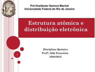 Disciplina: Química
Profª: Alda Ernestina
16/04/2015
1
Pré-Vestibular Samora Machel
Universidade Federal do Rio de Janeiro
Estrutura atômica e
distribuição eletrônica
 