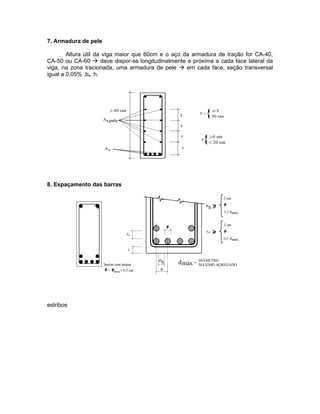 7. Armadura de pele

        Altura útil da viga maior que 60cm e o aço da armadura de tração for CA-40,
CA-50 ou CA-60  deve dispor-se longitudinalmente e próxima a cada face lateral da
viga, na zona tracionada, uma armadura de pele  em cada face, seção transversal
igual a 0,05% .bw . h.




8. Espaçamento das barras




estribos
 