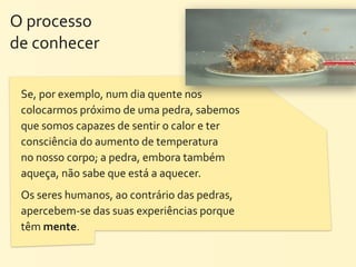 O	
  processo	
  
de	
  conhecer

  Se,	
  por	
  exemplo,	
  num	
  dia	
  quente	
  nos	
  
  colocarmos	
  próximo	
  de	
  uma	
  pedra,	
  sabemos	
  
  que	
  somos	
  capazes	
  de	
  sentir	
  o	
  calor	
  e	
  ter	
  
  consciência	
  do	
  aumento	
  de	
  temperatura	
  
  no	
  nosso	
  corpo;	
  a	
  pedra,	
  embora	
  também	
  
  aqueça,	
  não	
  sabe	
  que	
  está	
  a	
  aquecer.
  Os	
  seres	
  humanos,	
  ao	
  contrário	
  das	
  pedras,	
  
  apercebem-­‐se	
  das	
  suas	
  experiências	
  porque	
  
  têm	
  mente.
 