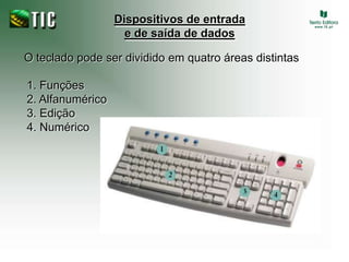 Dispositivos de entrada e de saída de dadosO teclado pode ser dividido em quatro áreas distintas1. Funções2. Alfanumérico3. Edição4. Numérico