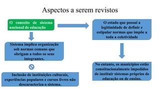 Aspectos a serem revistos
O conceito de sistema
nacional de educação
Sistema implica organização
sob normas comuns que
obrigam a todos os seus
integrantes.
Inclusão de instituições culturais,
experiências populares e cursos livres não
descaracteriza o sistema.
O estado que possui a
legitimidade de definir e
estipular normas que impõe a
toda a coletividade
No entanto, os municípios estão
constitucionalmente impedidos
de instituir sistemas próprios de
educação ou de ensino.
 