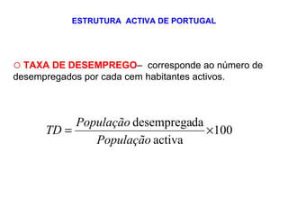 ESTRUTURA  ACTIVA DE PORTUGAL TAXA DE DESEMPREGO –  corresponde ao número de desempregados por cada cem habitantes activos. 